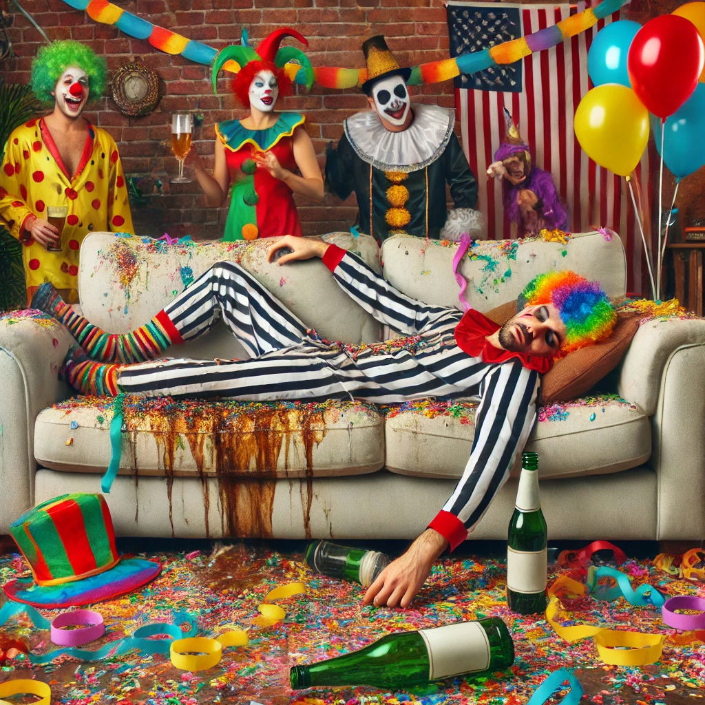 Uitgeputte clown ligt op een vervuilde bank na een carnavalsfeest, omringd door confetti, drank en andere rommel. Perfecte weergave van de gevolgen van een wild feest en waarom professionele bankreiniging nodig is.