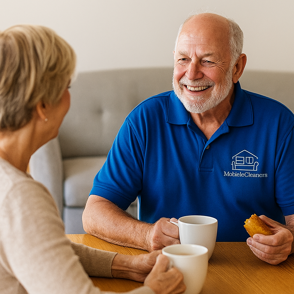 Senior medewerker van Mobiele Cleaners drinkt gezellig koffie met een klant na de reiniging.