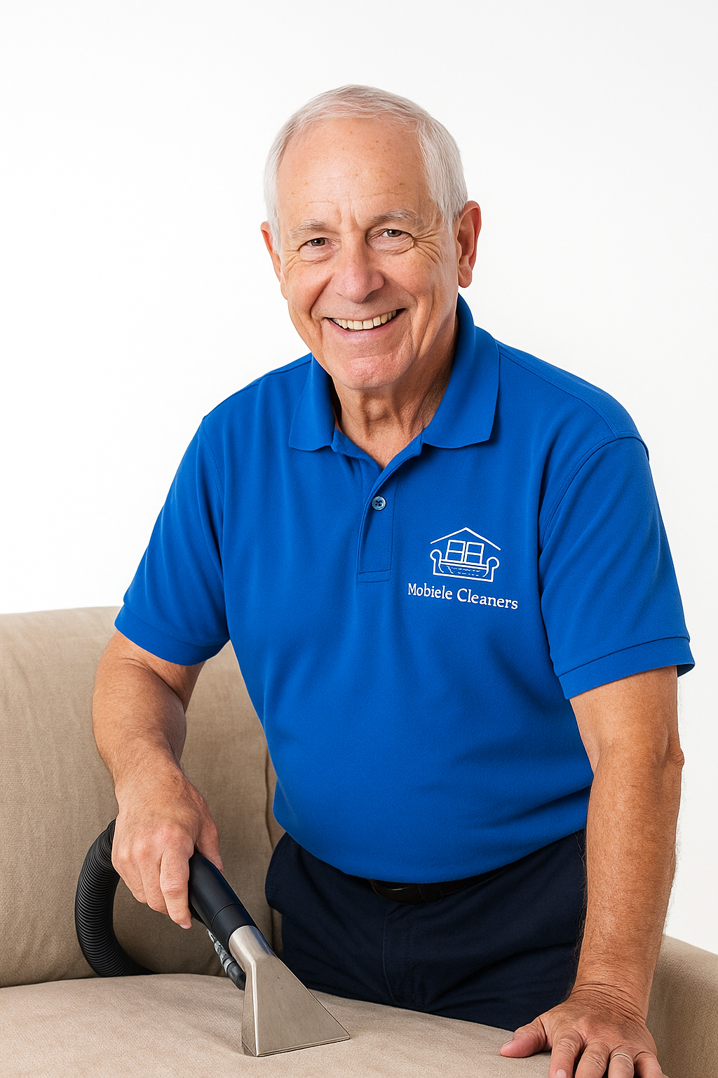 Medewerker van Mobiele Cleaners reinigt een stoffen bank met professionele apparatuur.