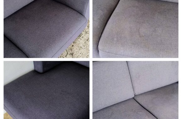 Grijze stoffen bank professioneel gereinigd door Mobiele Cleaners op vakantiepark in Kerkdriel