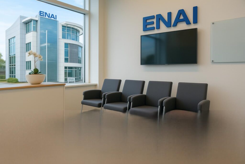 Vergaderruimte bij ENAI met frisse, gereinigde vergaderstoelen na behandeling door Mobiele Cleaners