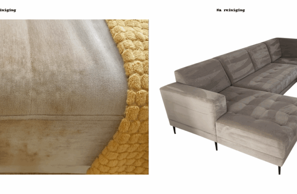 Voor- en na-foto van een professioneel gereinigde hoekbank in Helmond, met zichtbaar verschil door verwijdering van huidvetvlekken.