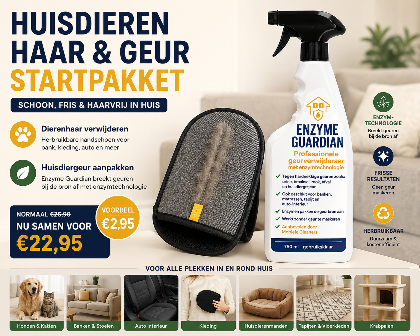 Huisdieren Haar & Geur Startpakket – Enzyme Guardian 750ml + dierenhaar handschoen