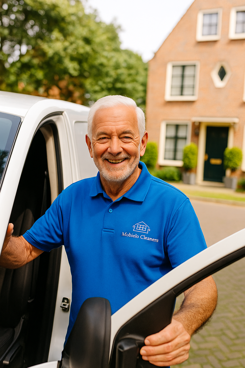 Senior medewerker van Mobiele Cleaners bij de bus voor een klantadres.