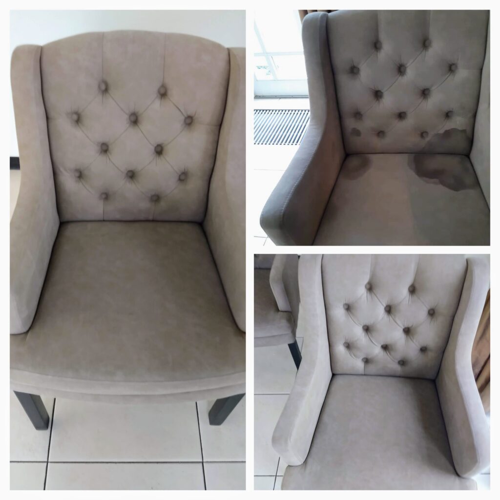 Voor en na reiniging rode wijnvlek uit stoel – Mobiele Cleaners