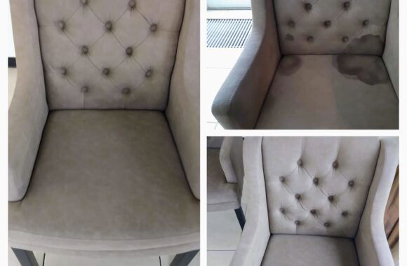 Voor en na reiniging rode wijnvlek uit stoel – Mobiele Cleaners