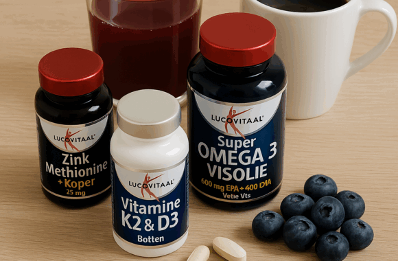 Lucovitaal supplementen met bietensap, koffie en blauwe bessen op houten tafel – Fris Gedacht test