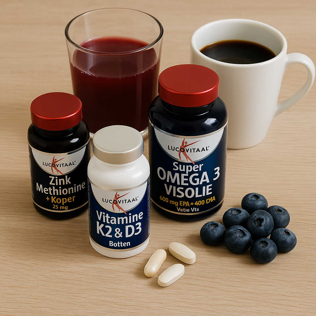 Lucovitaal supplementen met bietensap, koffie en blauwe bessen op houten tafel – Fris Gedacht test