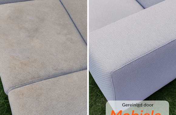 Voor en na resultaat van professioneel gereinigde banken in Eindhoven – Mobiele Cleaners verwijdert zichtbaar vuil, vlekken en verkleuring voor een fris en als-nieuw resultaat.