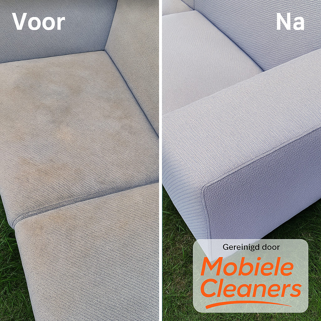 Voor en na resultaat van professioneel gereinigde banken in Eindhoven – Mobiele Cleaners verwijdert zichtbaar vuil, vlekken en verkleuring voor een fris en als-nieuw resultaat.